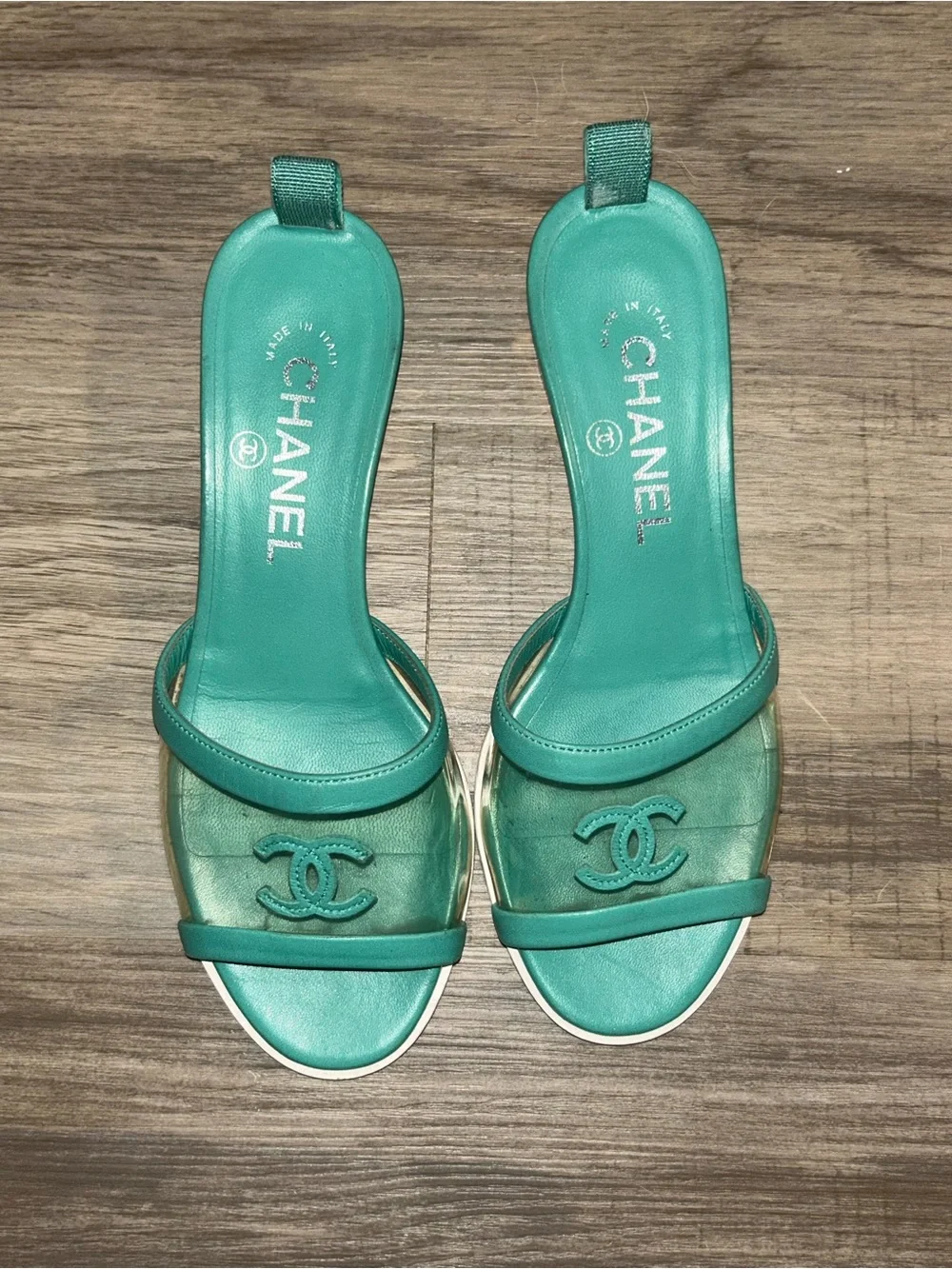 CHANEL Turquoise Green Leather PVC Slide Sandals-SIZE 36
